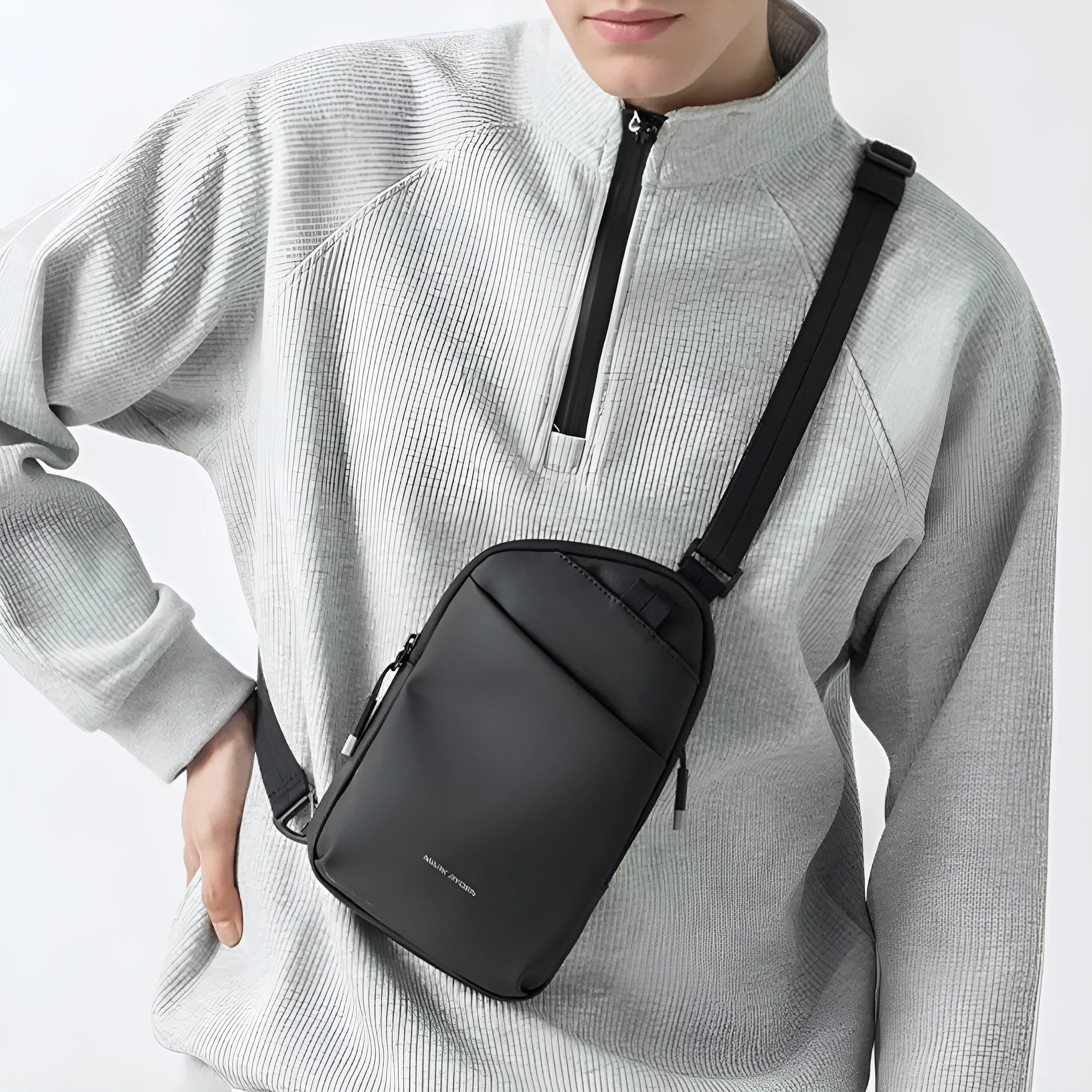 Men's elegant black Oxford cloth crossbody bag with sewing thread detail