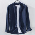 Men's loose fit linen cotton long sleeve shirt in dark blue colour showing button-up design