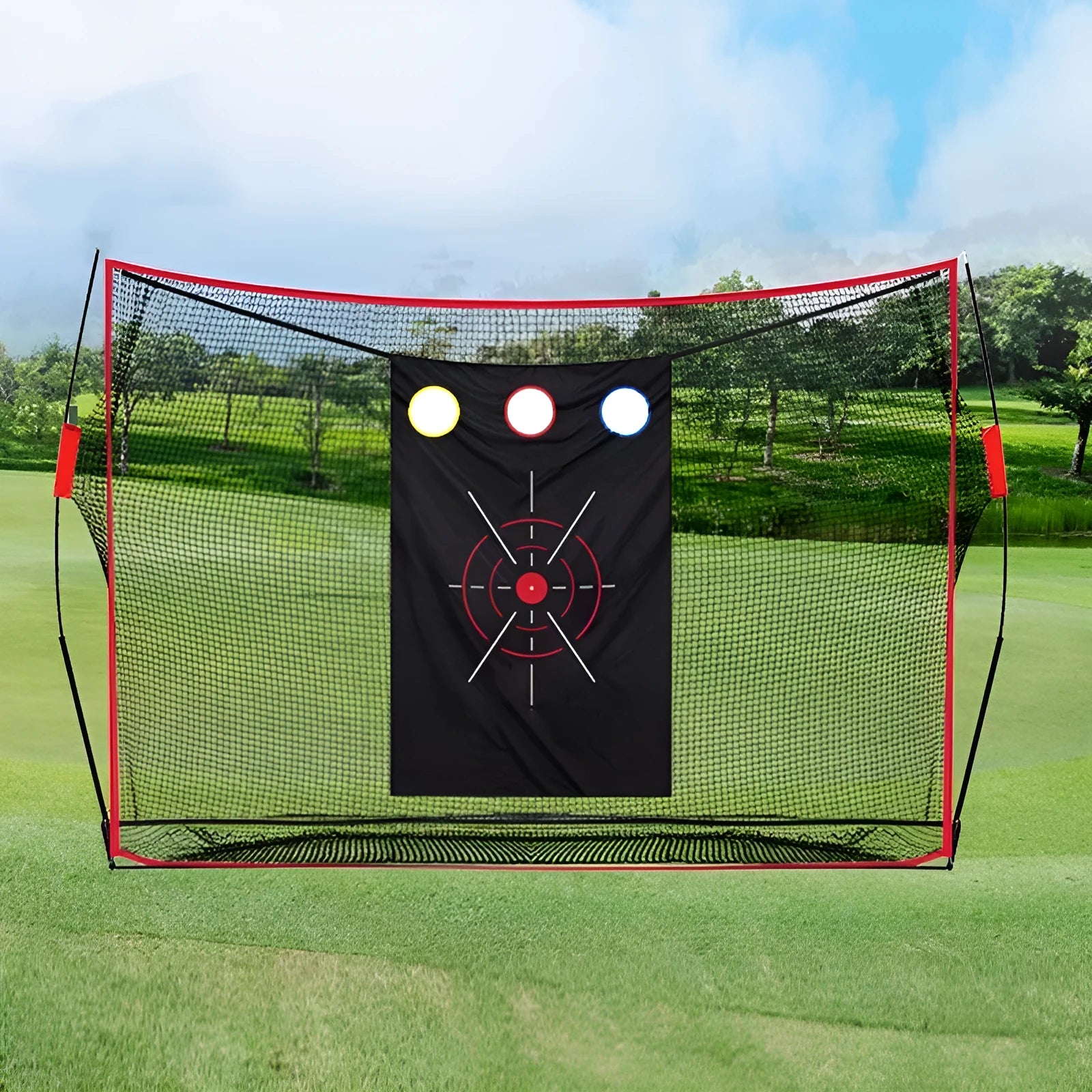 Golf swing wedge training net with 3-hole cross net, straw practice mat, and practice balls