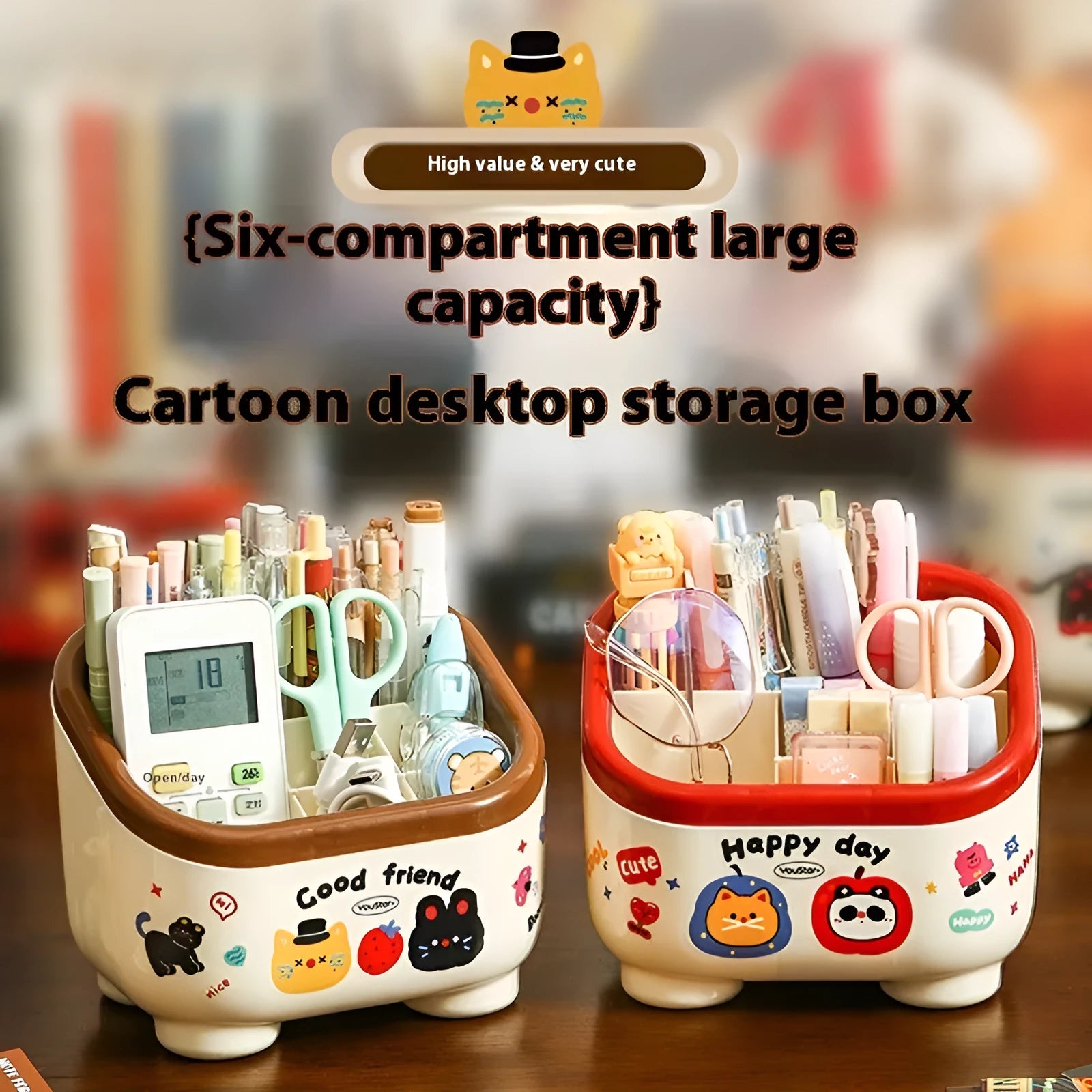 Red and brown cartoon-style desktop storage organiser with grid pattern and sticker set for labelling.