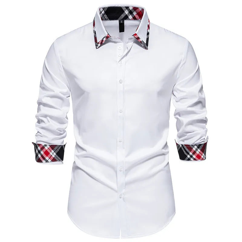 Men's casual blue plaid long sleeve shirt with a triangle collar, laid flat