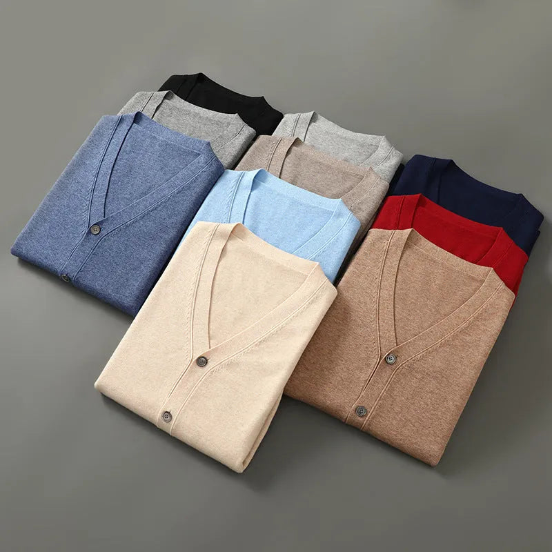 Men's V-neck cardigan coat in Andy velvet fabric showing loose fit and long sleeve design