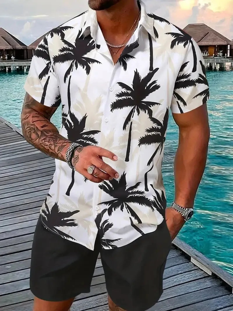 Men's 3D printed Hawaii-style short sleeve top and matching shorts casual summer suit
