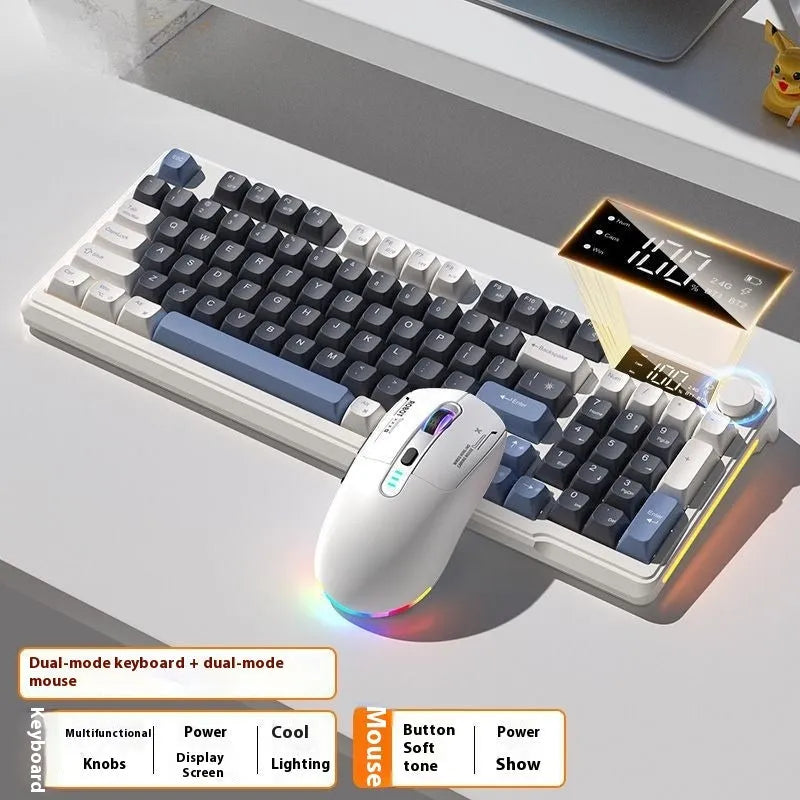 Wireless mechanical-feel keyboard and mouse in a two-tone colour option, showing Type-C cable and connectivity switches.
