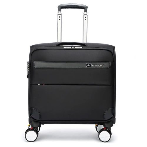 18-inch black business luggage with Oxford cloth construction and universal wheels
