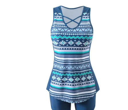 Women's blue floral printed lace two-piece bikini swimsuit on a mannequin.