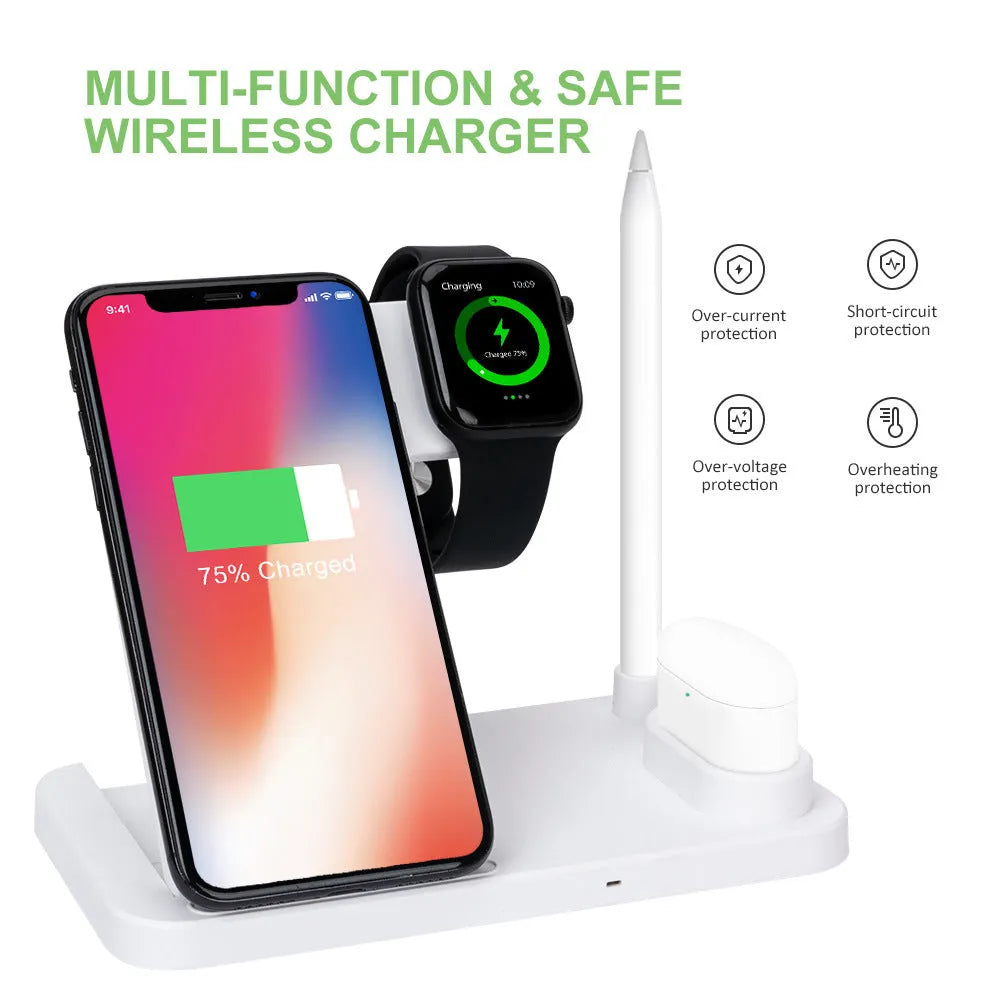 15W folding 4-in-1 wireless charging stand showing iPhone and Apple Pencil charging simultaneously