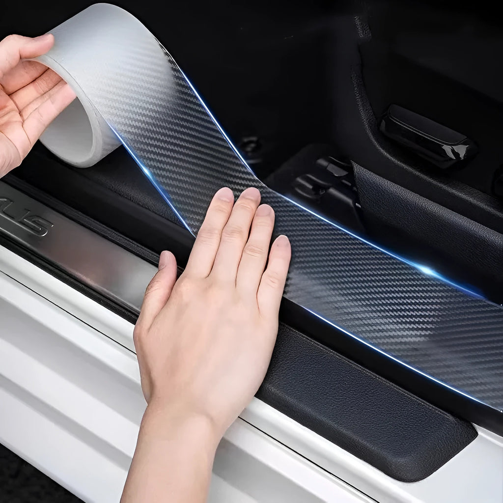 Carbon fibre grain transparent anti-collision strip for car doors and thresholds.