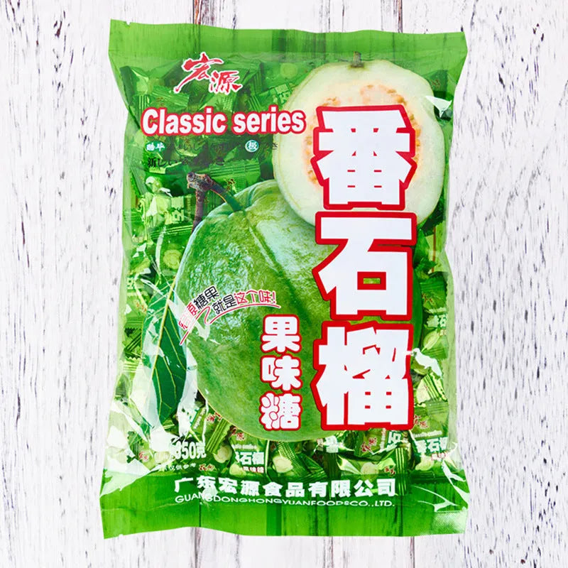 Assortment bag containing three separate packets of Plum Sugar, Guava, and Tangerine Peel flavoured hard candy.