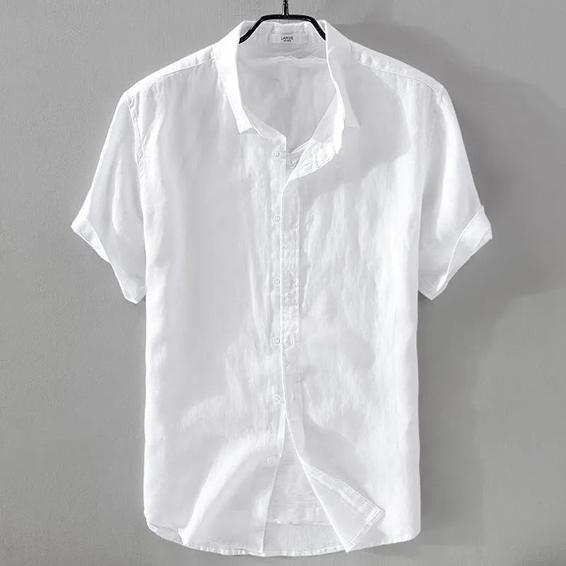 Men's short sleeve linen shirt in loose fit with solid colour options including army green and fluorescent green