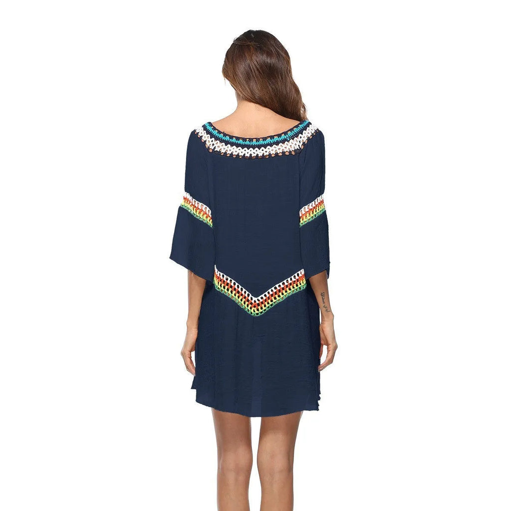 Crocheted ethnic style beach clothing set for women in acrylic fabric with sun protection for swimming