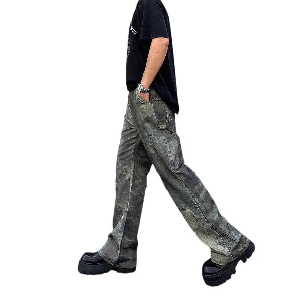 Retro digital camouflage straight leg jeans for men in cotton denim with medium waist