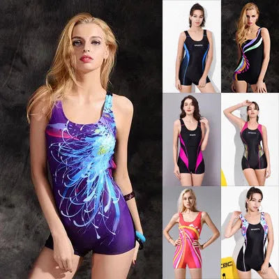 Women's black and blue one-piece swimsuit with a conservative, sleeveless design for swimming sports.