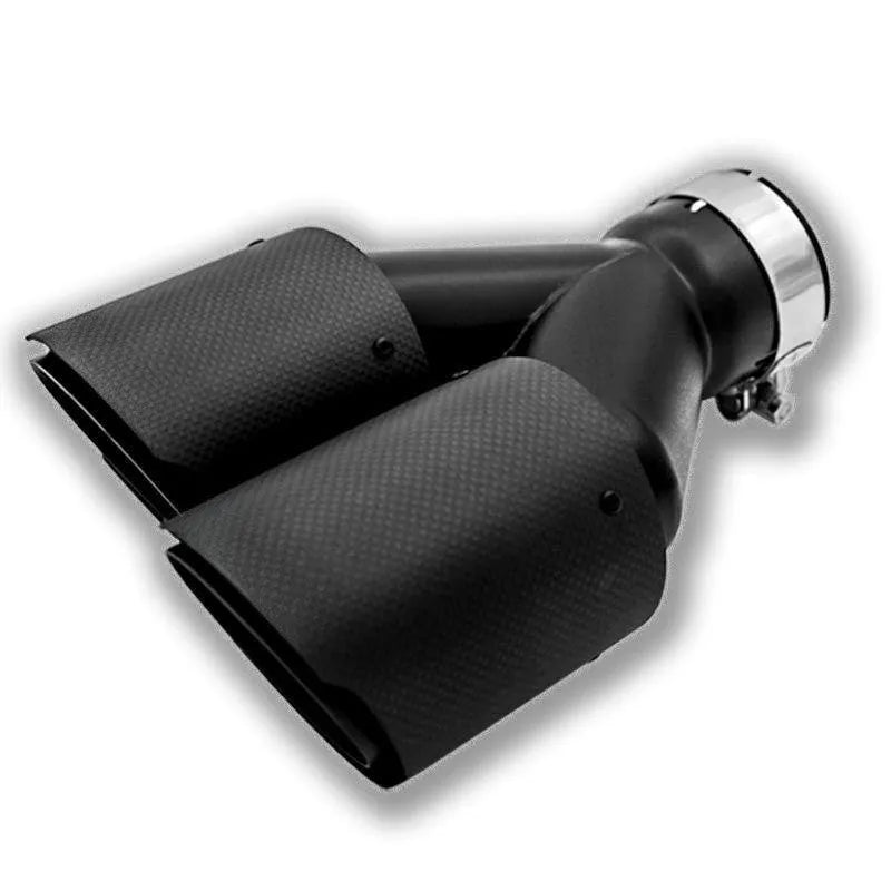 Black carbon fibre car exhaust silencer with double outlet tail nozzle, 250mm length