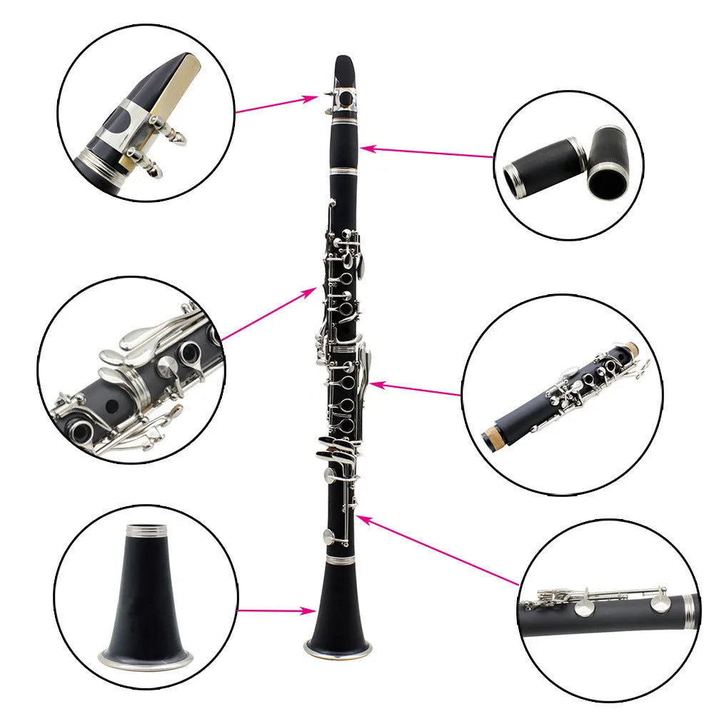 Black beginner clarinet with 17 Bakelite keys and protective carrying bag