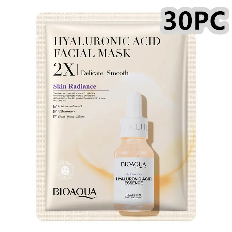 Single-use gel facial sheet mask in packaging, 30g collagen or hyaluronic acid formula.
