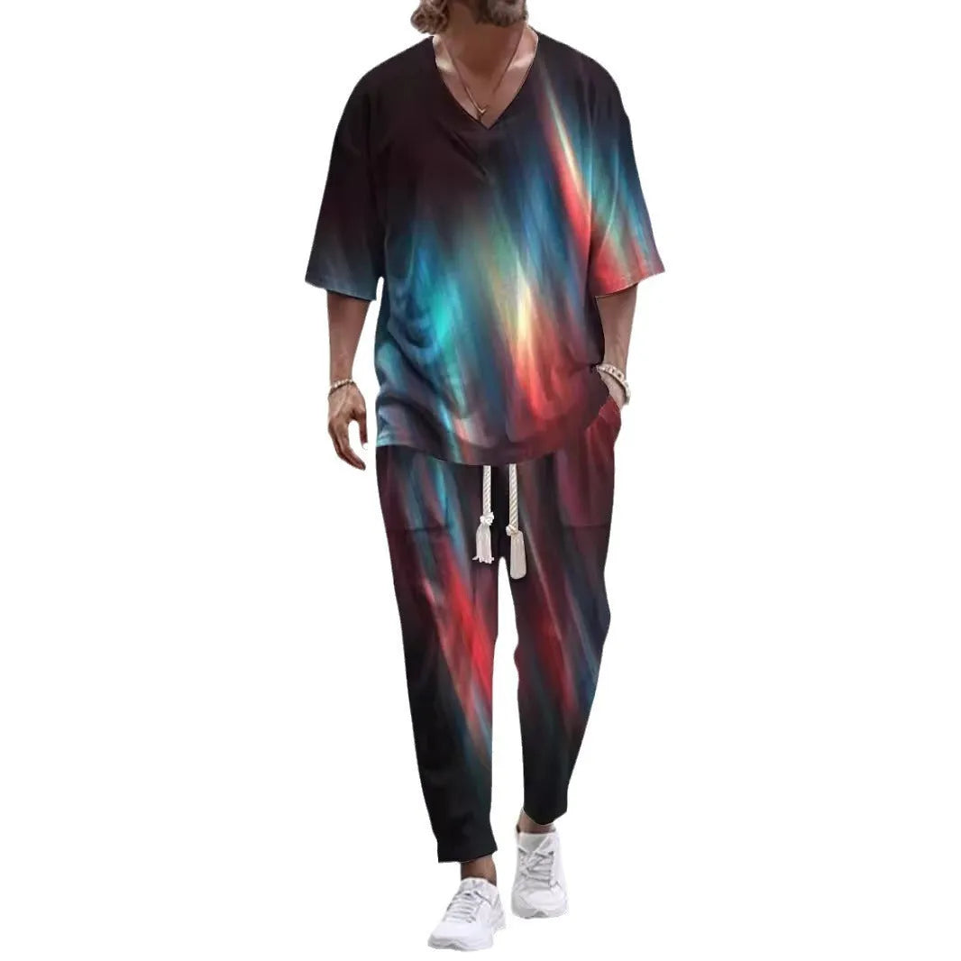 Men's light grey cropped sleeve V-neck suit jacket and trousers on a hanger.