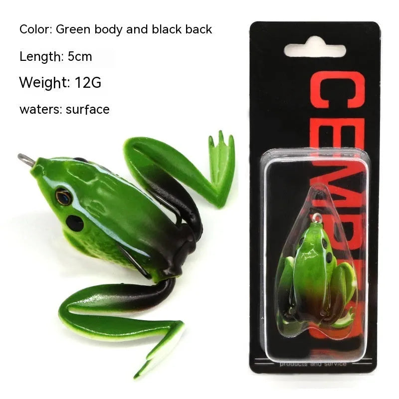 Double hook frog fishing bait showing bionic thunder frog design with grass green colour and black yellow dots