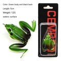 Double hook frog fishing bait showing bionic thunder frog design with grass green colour and black yellow dots