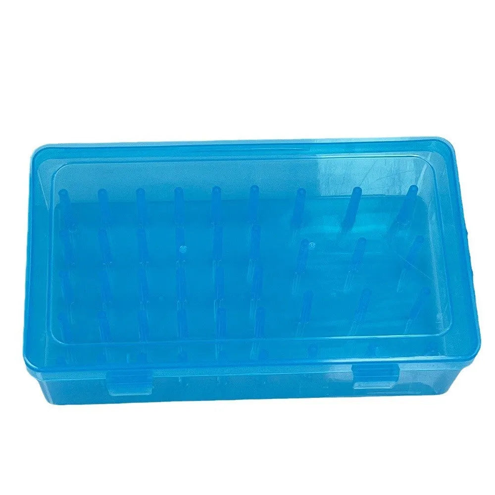 42-compartment plastic storage box for embroidery supplies in transparent, pink, or blue colour options.