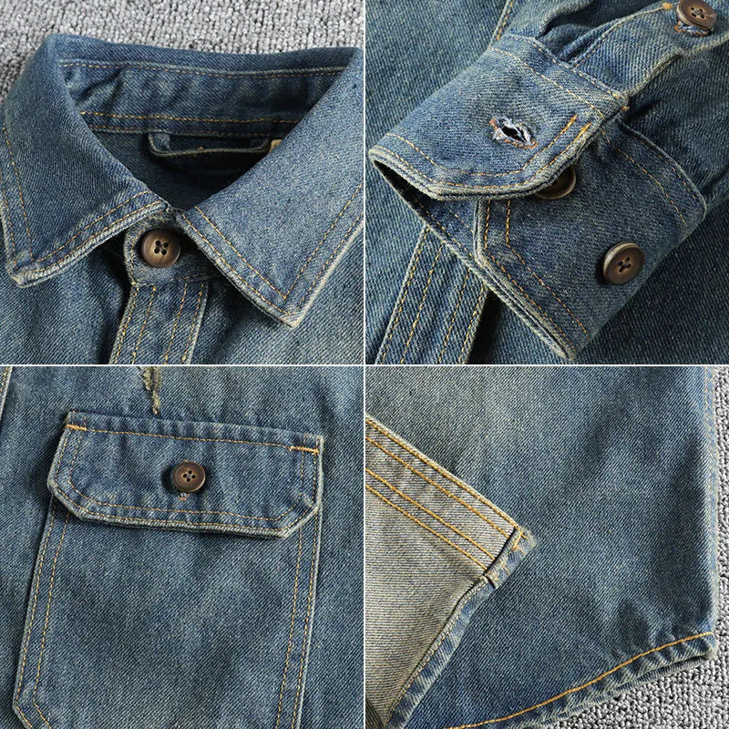 Men's light blue washed vintage denim shirt with long sleeves and a loose cardigan fit.