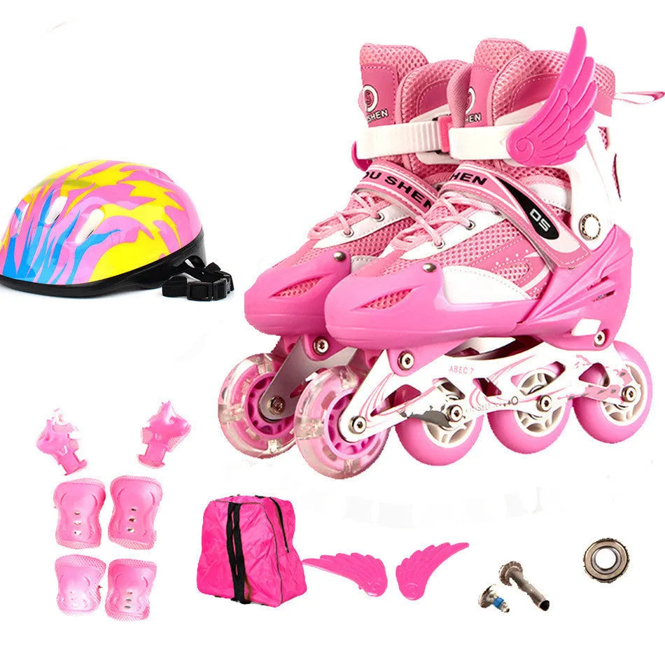 Children's adjustable skating shoes with aluminium frame, protective gear, helmet, and backpack in multiple colours