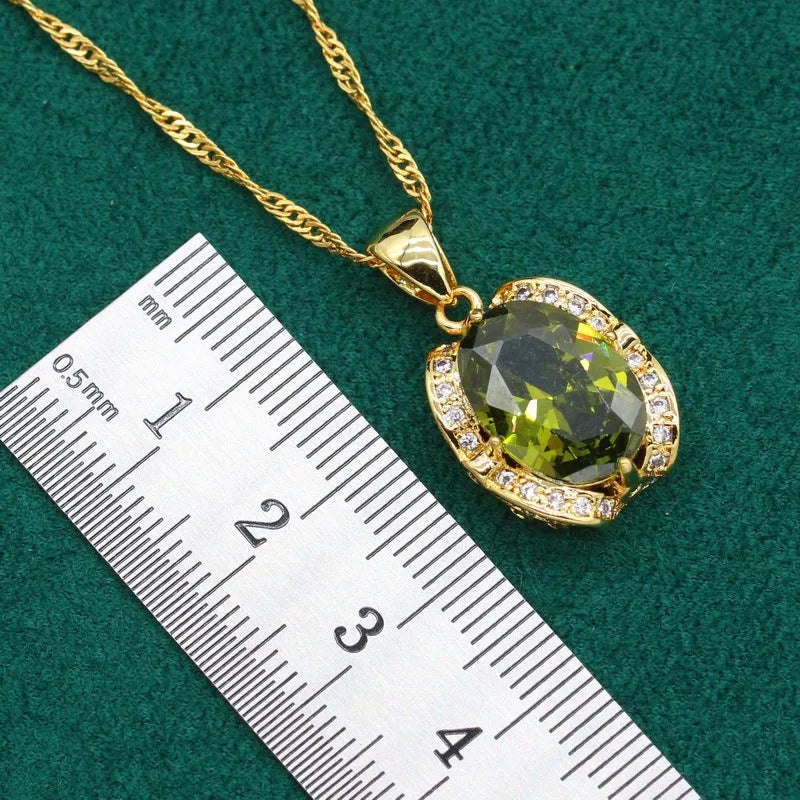 Full zircon women's jewellery suit with snake bones chain necklace, earrings, and ring in olive green or red electroplating