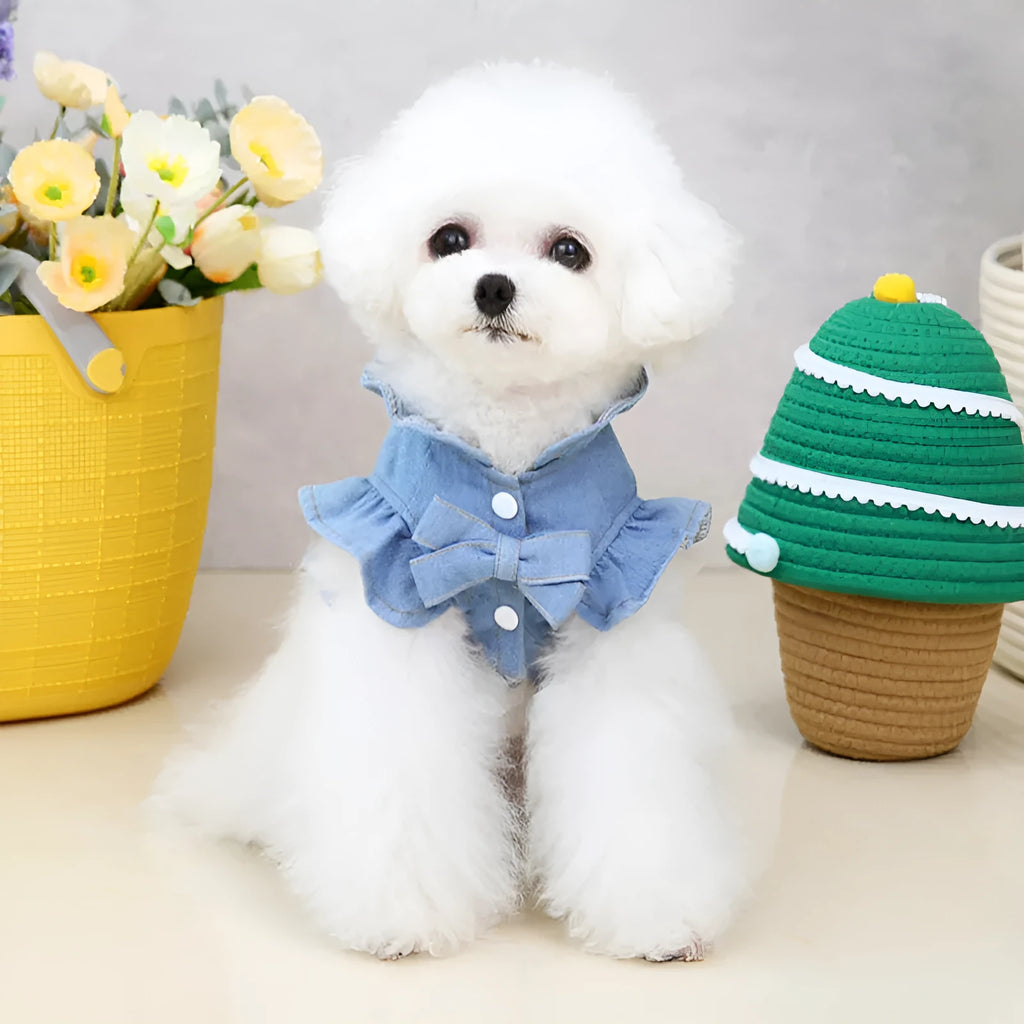 Dark blue denim pet dress with ruffles and a back leash hook for dogs