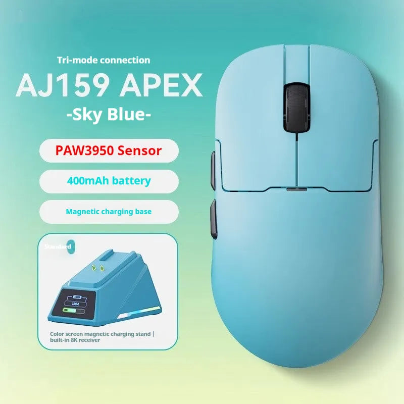 AJ159 gaming mouse in yunfeng white on a desk, showing compact size and Teflon foot pads