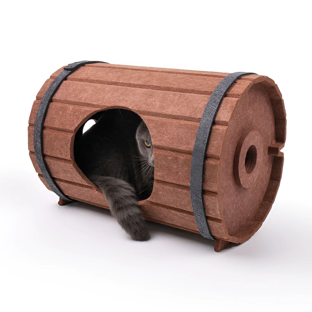Assembled wine barrel shaped cat bed made from brown polyester fibre felt.