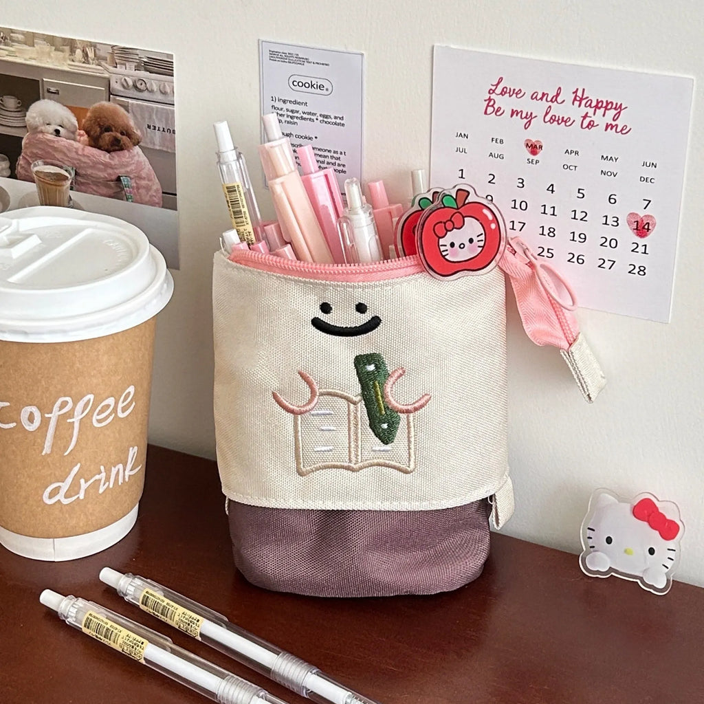 Korean-style cartoon collapsible pencil case in brown or green oxford fabric