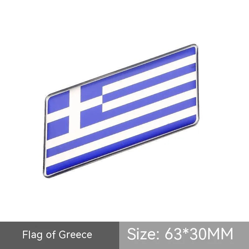 Aluminium metal car sticker with national flag design in a parallelogram shape.