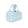 Large lightweight travel toiletry bag in black with wide opening, showing fluffy polyester material.