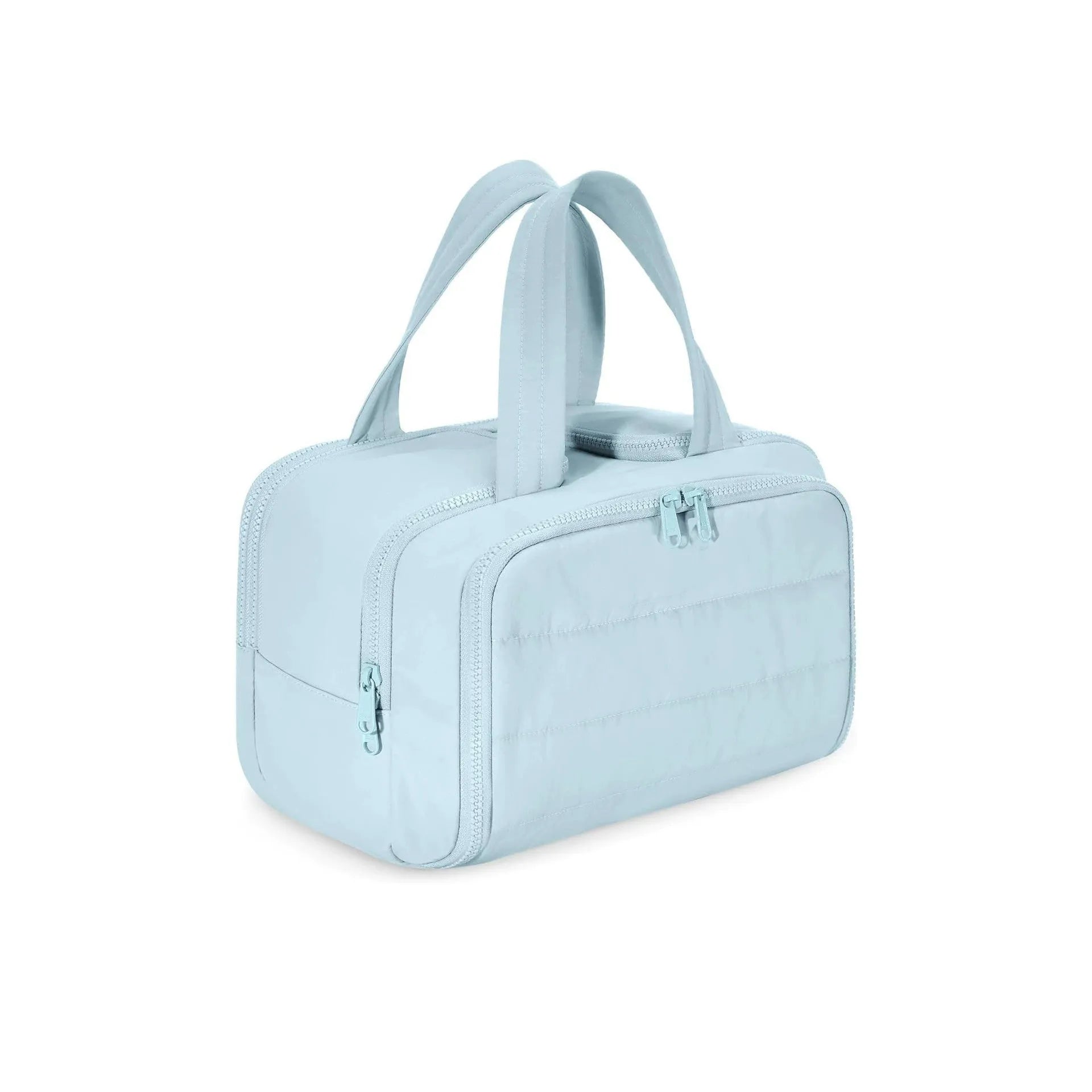 Large lightweight travel toiletry bag in black with wide opening, showing fluffy polyester material.
