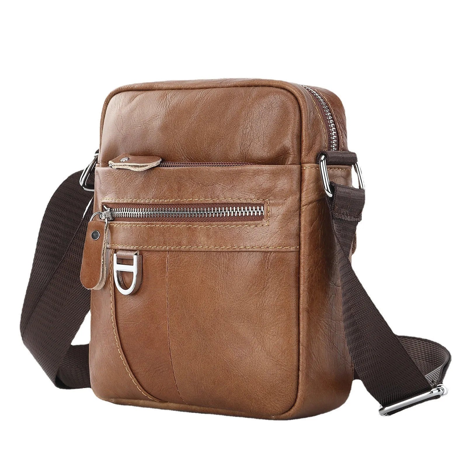 Genuine leather retro messenger bag 8 inch cowhide shoulder crossbody for men black solid colour