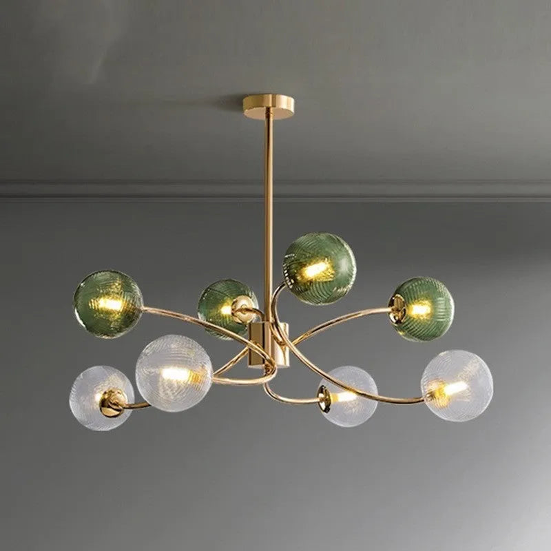 Modern Nordic style multi-head pendant chandelier with green clear lights for a living room.