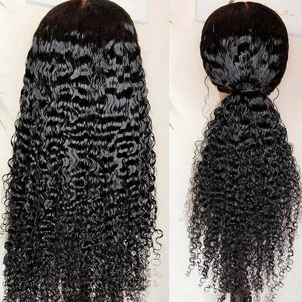 Jerry curly human hair lace front wig in medium length with half lace construction