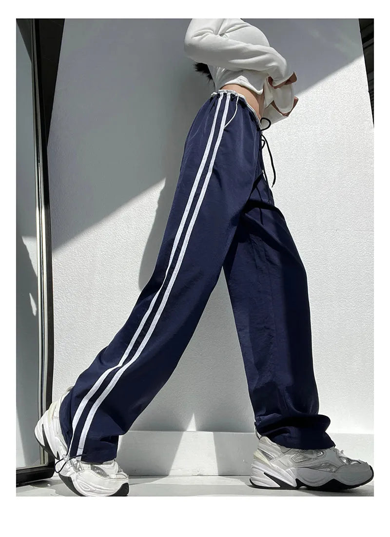 Women's ribbon parallel bars contrast colour loose straight slim draping trousers in thin fabric