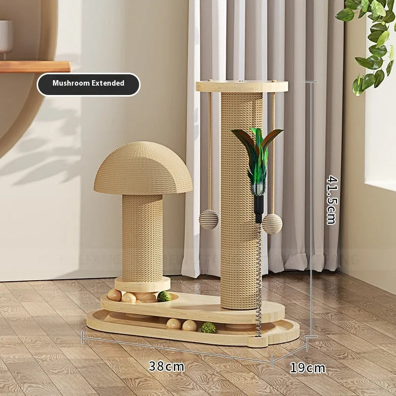 Solid wood cat scratching post with turntable and climbing frame in natural wood finish