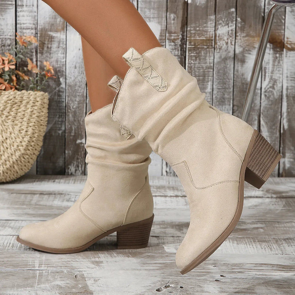 Women's mid-heel suede calf boots in milky white and lotus root colour on a rubber sole.