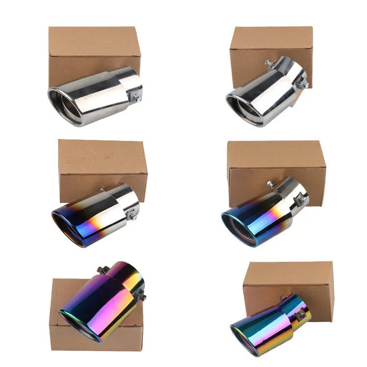 Stainless steel universal car exhaust tailpipe showing straight and curved shape options in different finishes.