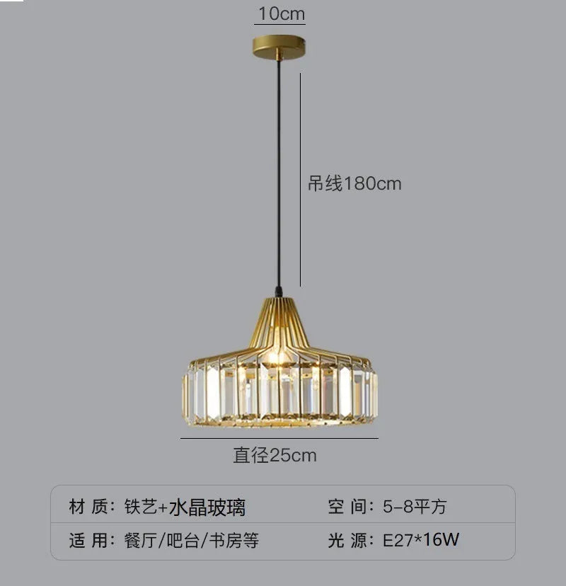 Modern crystal ceiling pendant lamp with LED lighting in gold finish showing crystal decorative elements