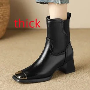Brown women's Martin heeled leather boots with side zipper and metal rivet details.