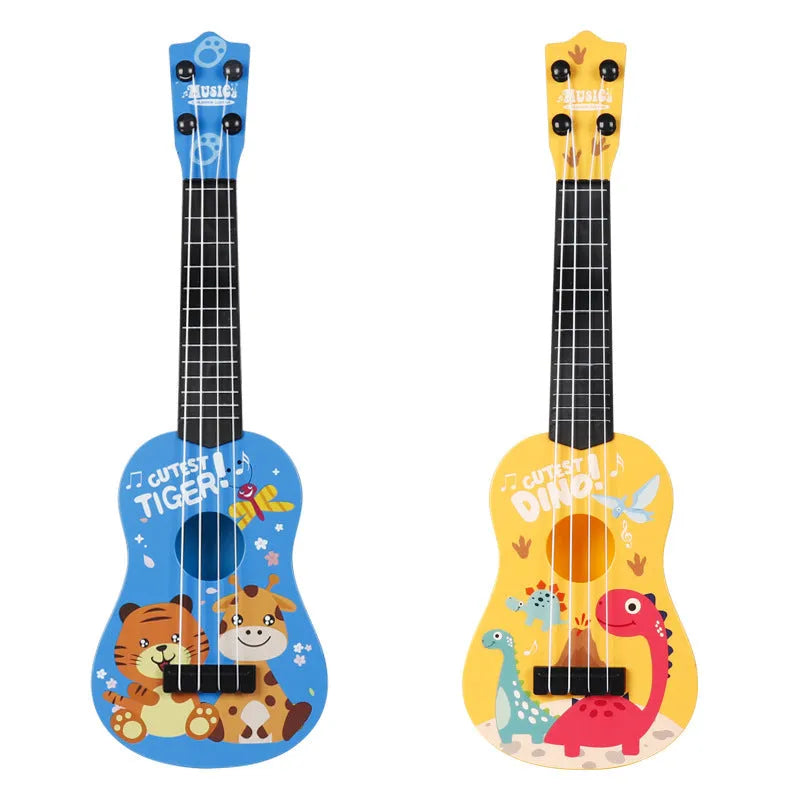 Children's plastic ukulele toy in animal designs, small size, on white background