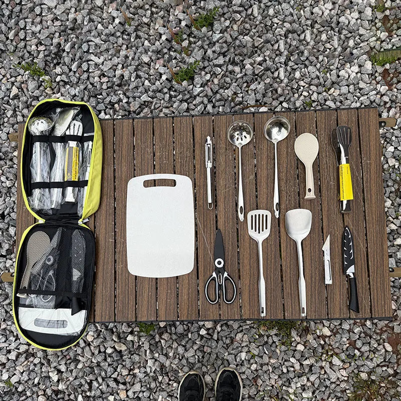 12-piece stainless steel picnic kitchenware set in khaki green brown storage bag for outdoor dining