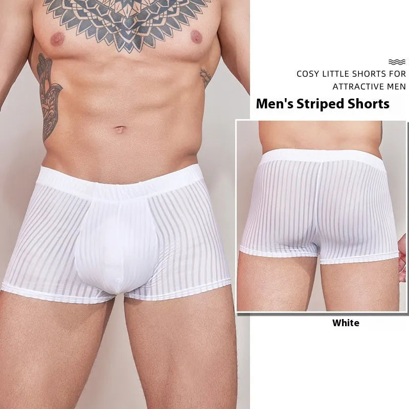Men's striped underwear set in black, white, and dark grey colours showing thin transparent nylon fabric