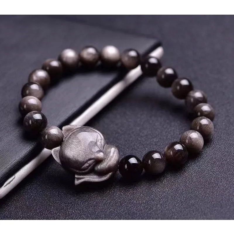 Obsidian fox bracelet with 8mm polished bead and fox charm on black elastic cord