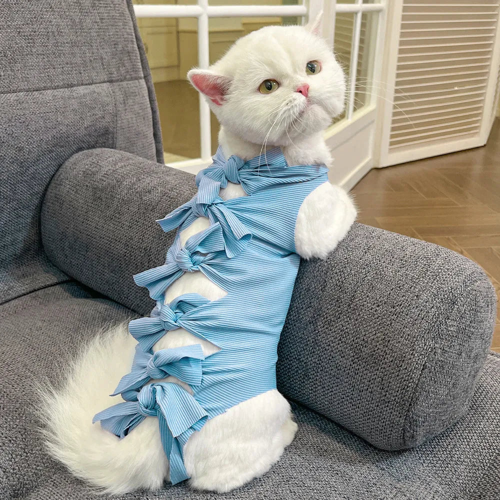 Cat wearing a pink lace-up polyester sterilisation suit after surgery, showing the adjustable tie closure.