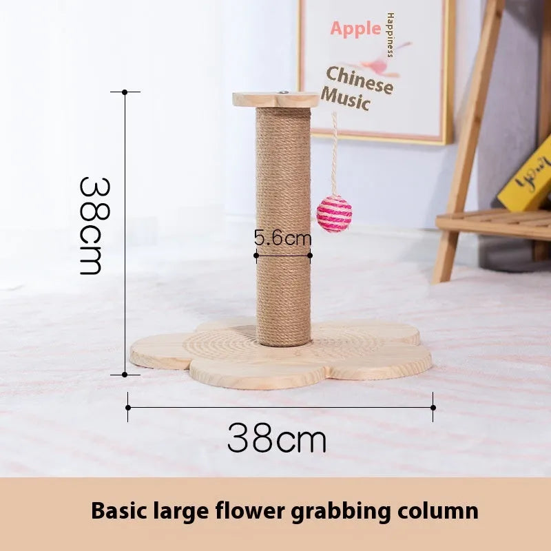 Solid wood cat scratching post with turntable and climbing frame in natural wood finish