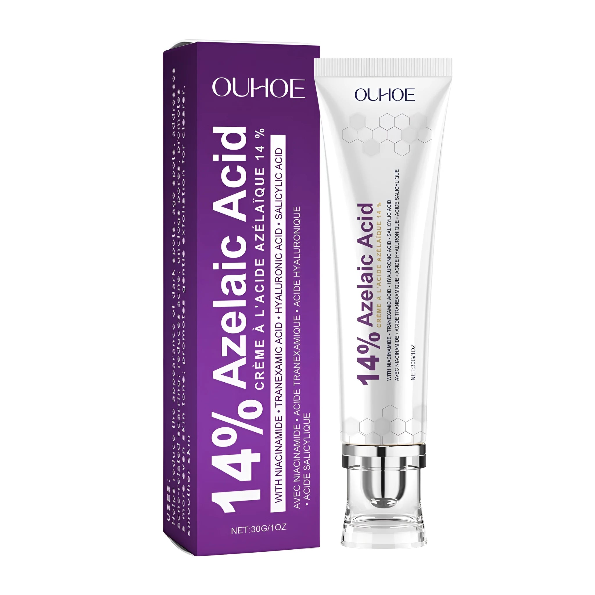 30g jar of face cream with nicotinamide, azelaic acid, and hyaluronic acid.